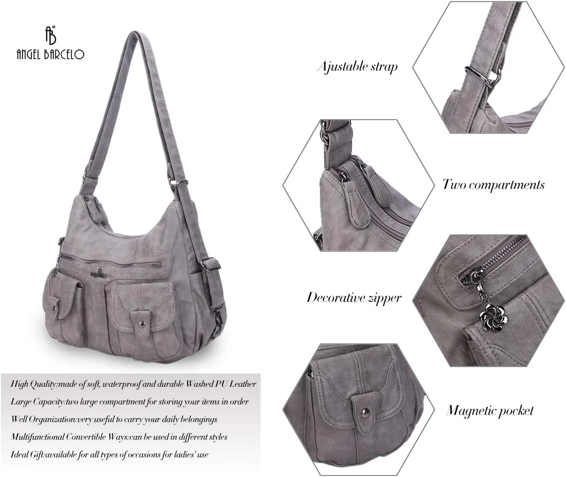 Angel Barcelo Women Multifunctional Soft Leather Handbag Purses Shoulder Hobo Backpack Crossbody Zipper Bag with Pocket