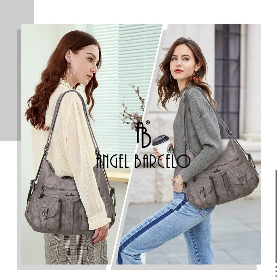 Angel Barcelo Women Multifunctional Soft Leather Handbag Purses Shoulder Hobo Backpack Crossbody Zipper Bag with Pocket