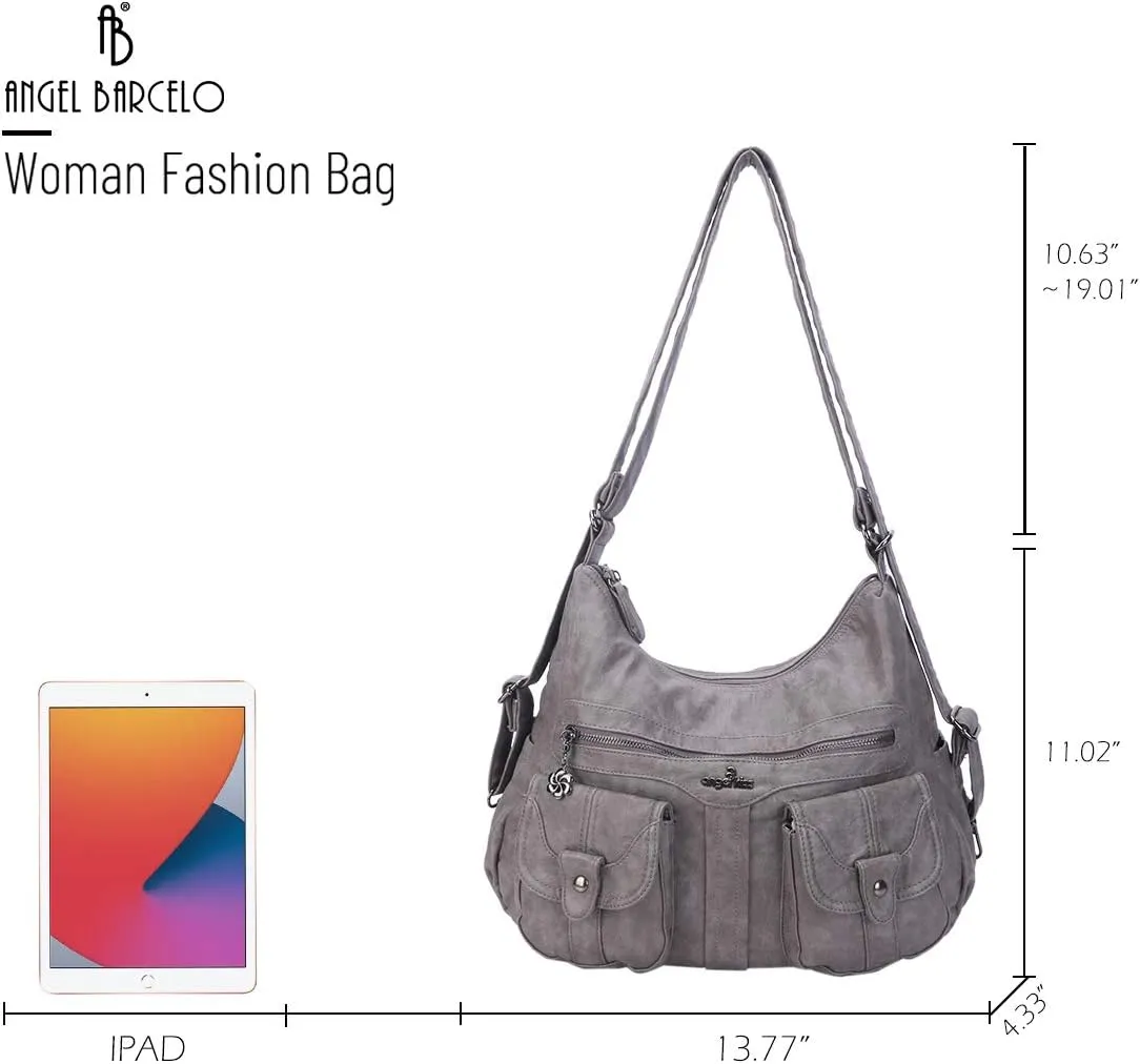 Angel Barcelo Women Multifunctional Soft Leather Handbag Purses Shoulder Hobo Backpack Crossbody Zipper Bag with Pocket