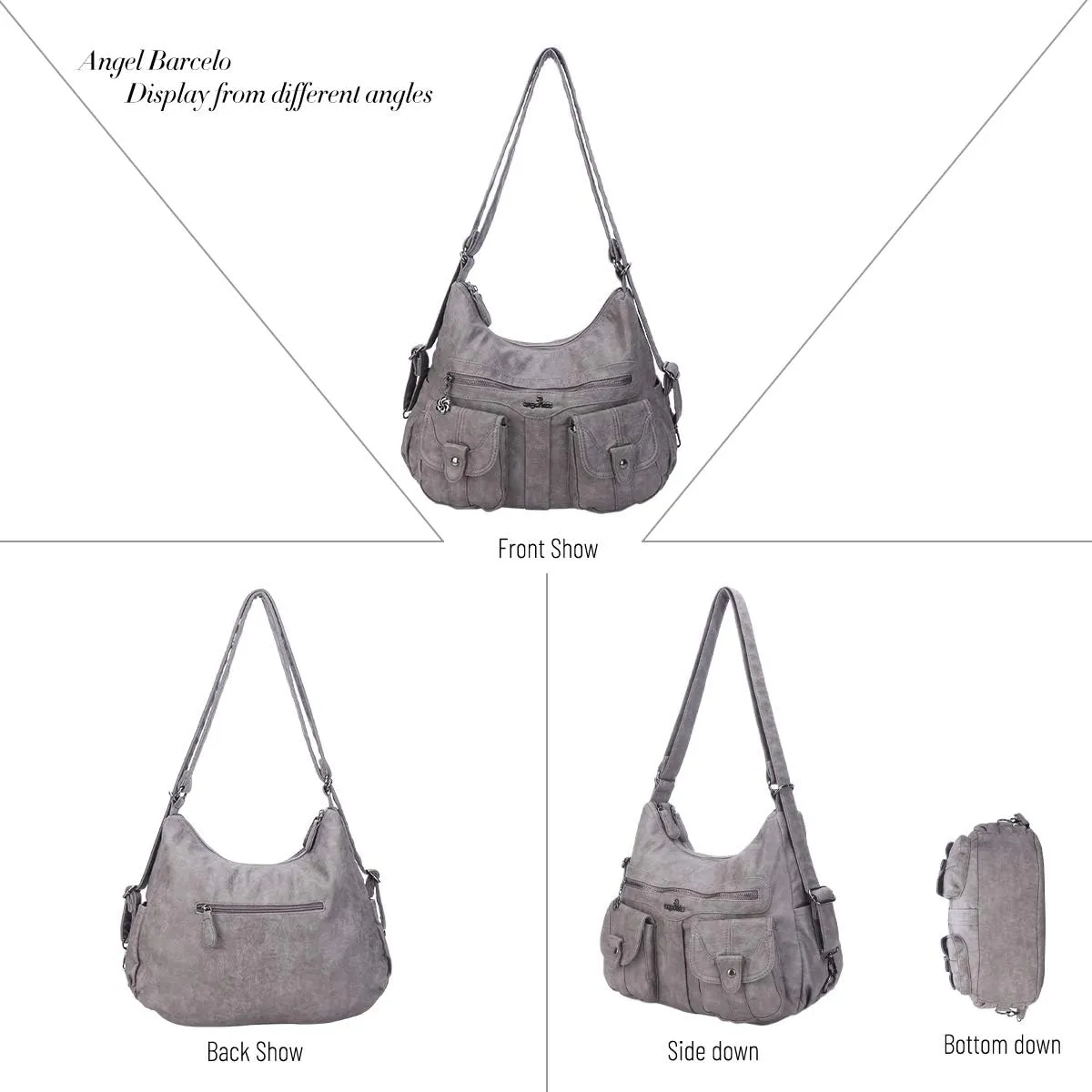 Angel Barcelo Women Multifunctional Soft Leather Handbag Purses Shoulder Hobo Backpack Crossbody Zipper Bag with Pocket