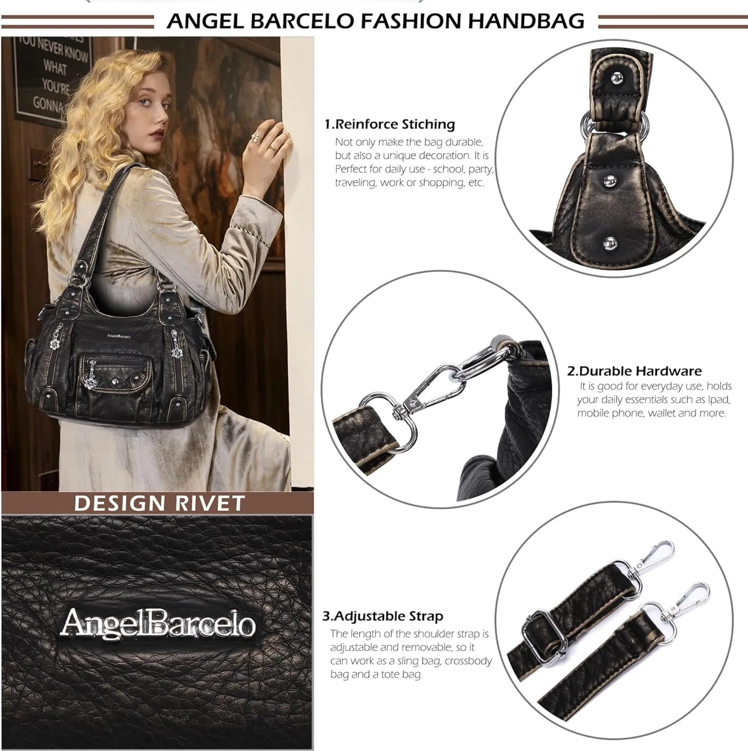 Angel Barcelo Womens Purses and Handbags PU Leather Shoulder Bag Fashion Hobo Bags for Girls