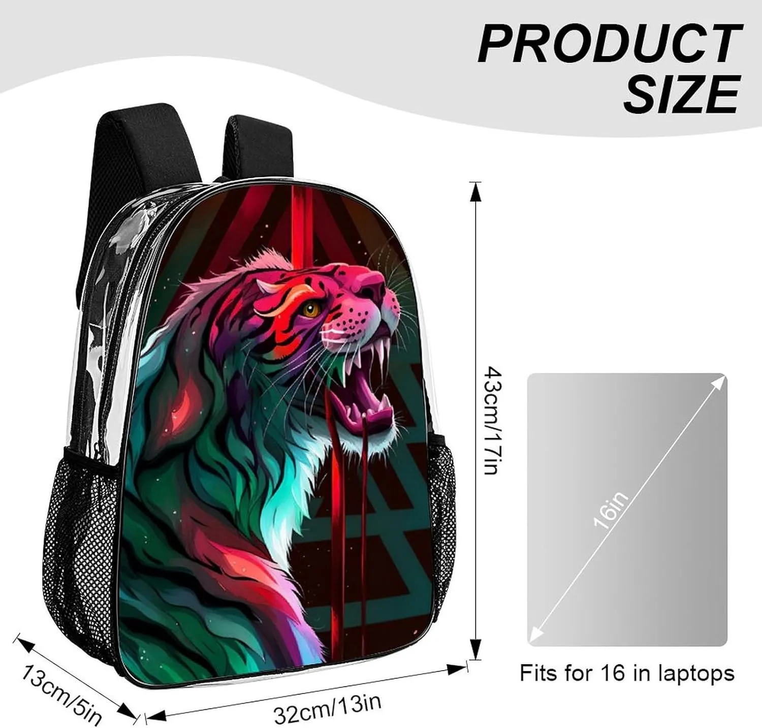 Angry Tiger Rainbow Animal Magic Art Rucksacks Transparent Anti-Theft Multipurpose Carry On Bag Large Capacity Gym Outdoor Hiking Backpack With Smooth Zippers