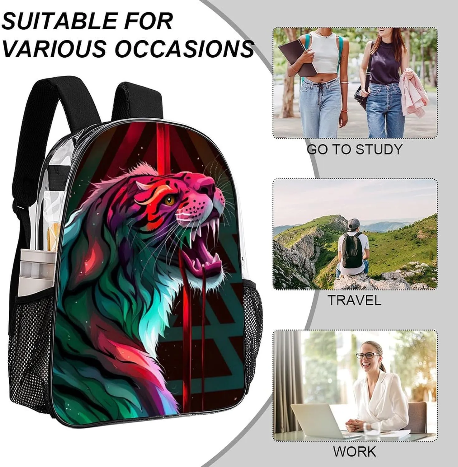 Angry Tiger Rainbow Animal Magic Art Rucksacks Transparent Anti-Theft Multipurpose Carry On Bag Large Capacity Gym Outdoor Hiking Backpack With Smooth Zippers