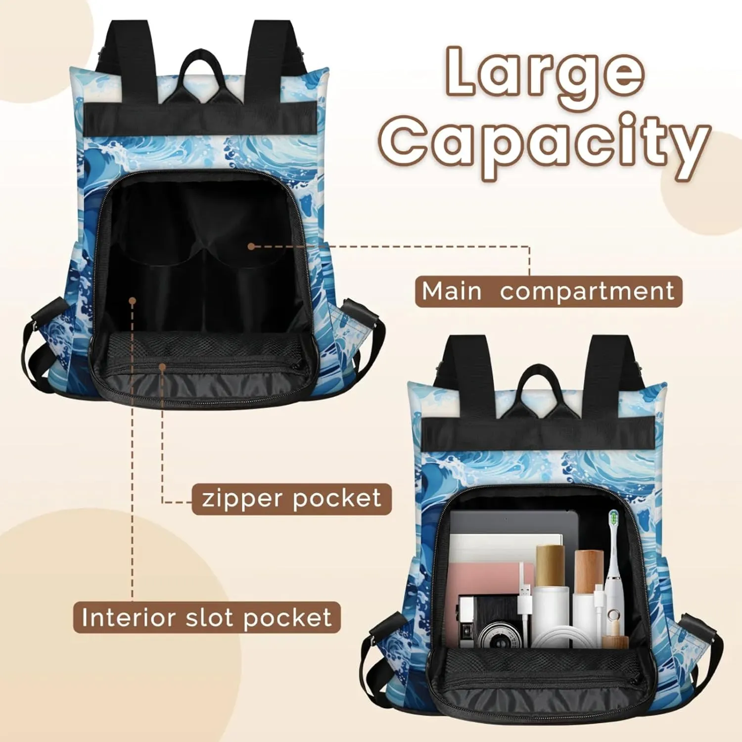Anti-Theft Backpack for Women Sea Surging Waves Lightweight Mini Backpack Purse Small Travel Backpack with Secure Zipper Fashion Backpack Purses for Women Daily Use & Gifts