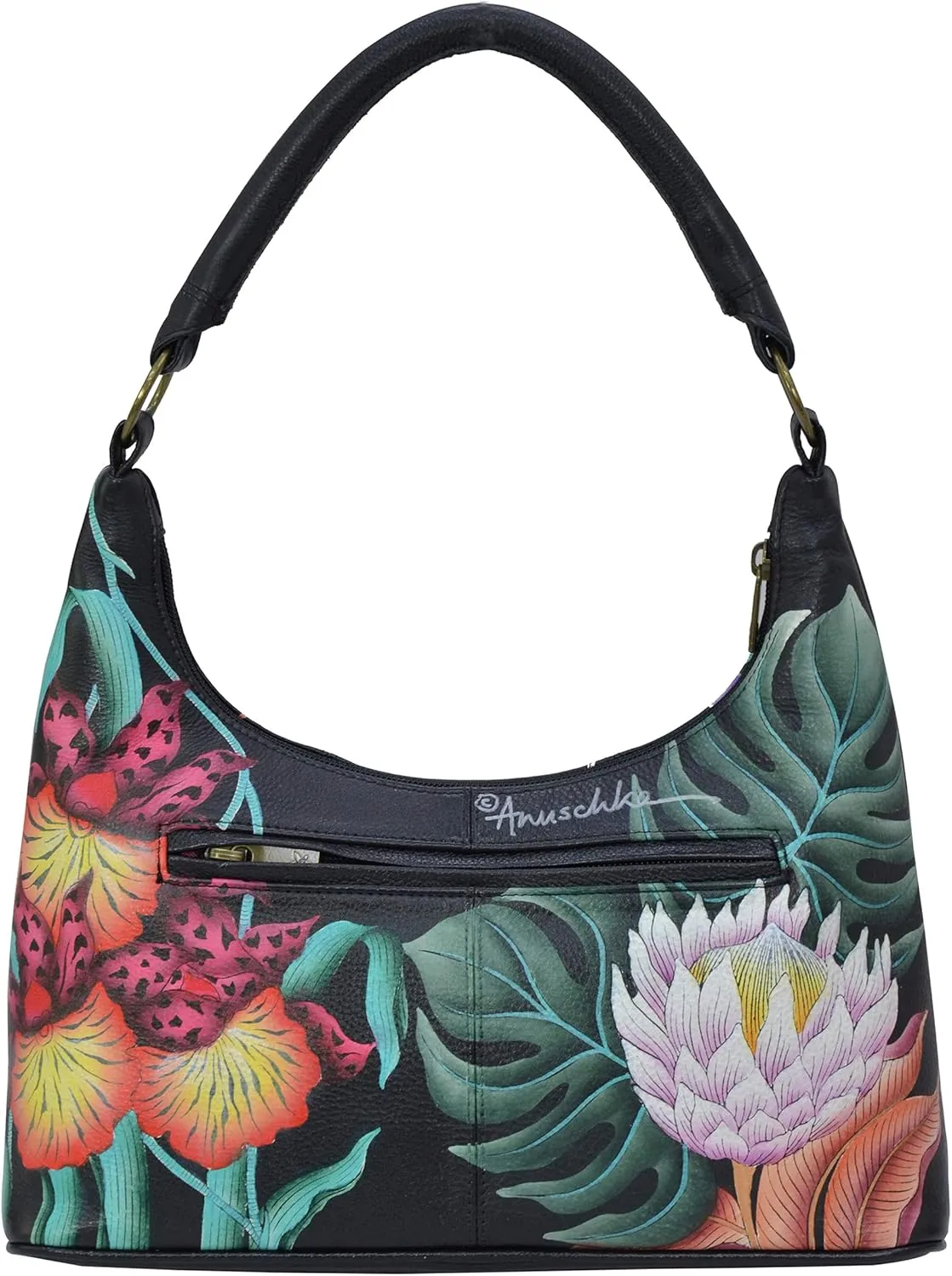 Anuschka Hand Painted Women’s Genuine Leather Medium Zip Top Hobo - Top Zip Entry, Zippered Pockets & Short Rope Handle