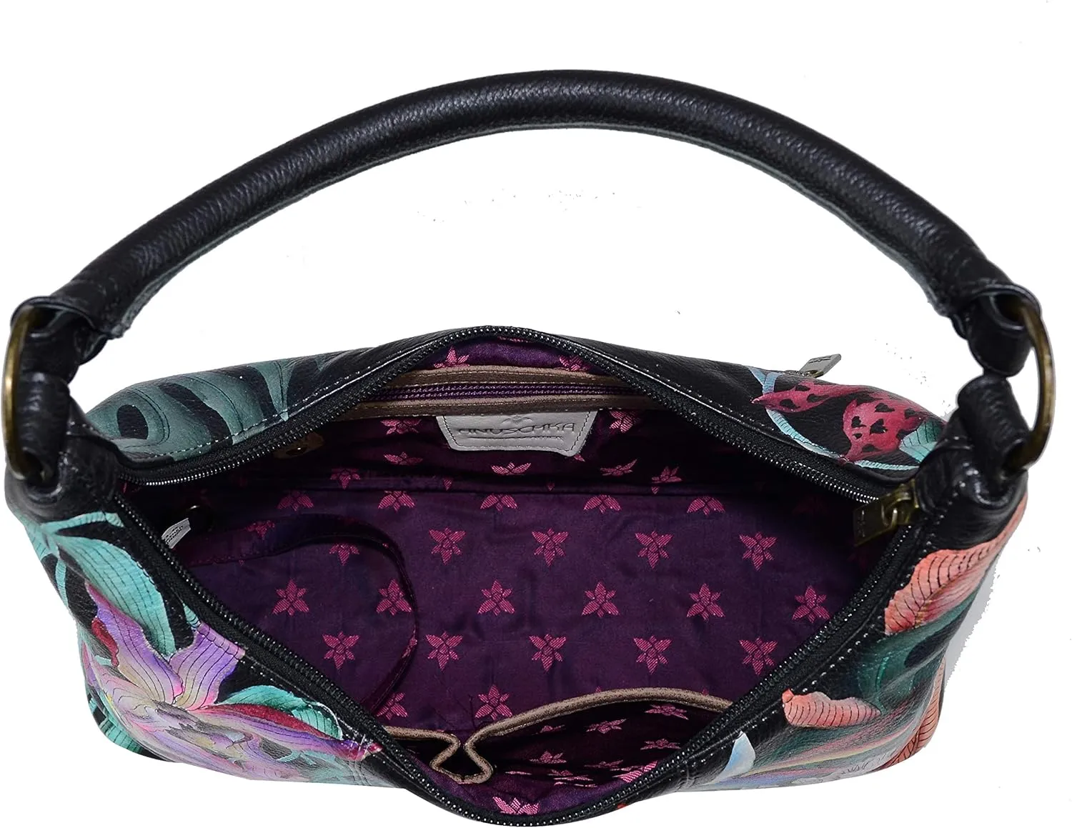 Anuschka Hand Painted Women’s Genuine Leather Medium Zip Top Hobo - Top Zip Entry, Zippered Pockets & Short Rope Handle