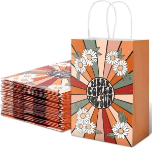 AnyDesign 12Pcs Retro Boho Gift Bags with Handle Vintage Daisy Paper Bags Here Comes The Sun Gift Bags Boho Party Favor Treat Candy Goodie Bags for Wedding Birthday Baby Shower, 5.9 x 8.3 x 3.1 Inch