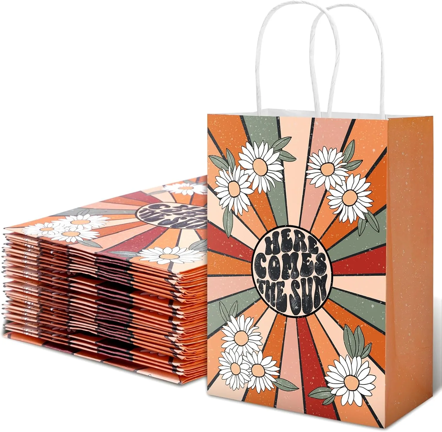 AnyDesign 12Pcs Retro Boho Gift Bags with Handle Vintage Daisy Paper Bags Here Comes The Sun Gift Bags Boho Party Favor Treat Candy Goodie Bags for Wedding Birthday Baby Shower, 5.9 x 8.3 x 3.1 Inch