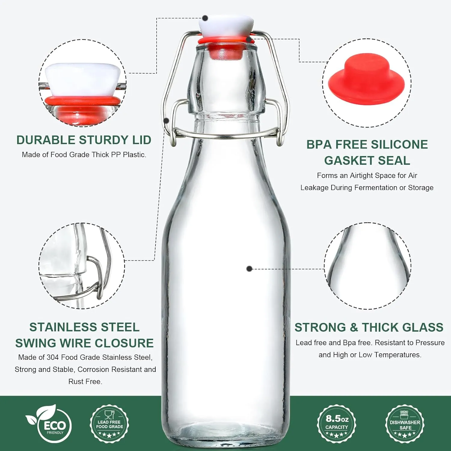 AOZITA 8-Pack 8.5oz Flip Top Glass Bottles, Swing Top Beer Brewing Bottle for 2nd Fermentation, Kombucha, Kefir, Vanilla Extract, Coquito, Juice, Tea - Airtight Stopper Cap Lid, Bonus 2 Bottle Pourers