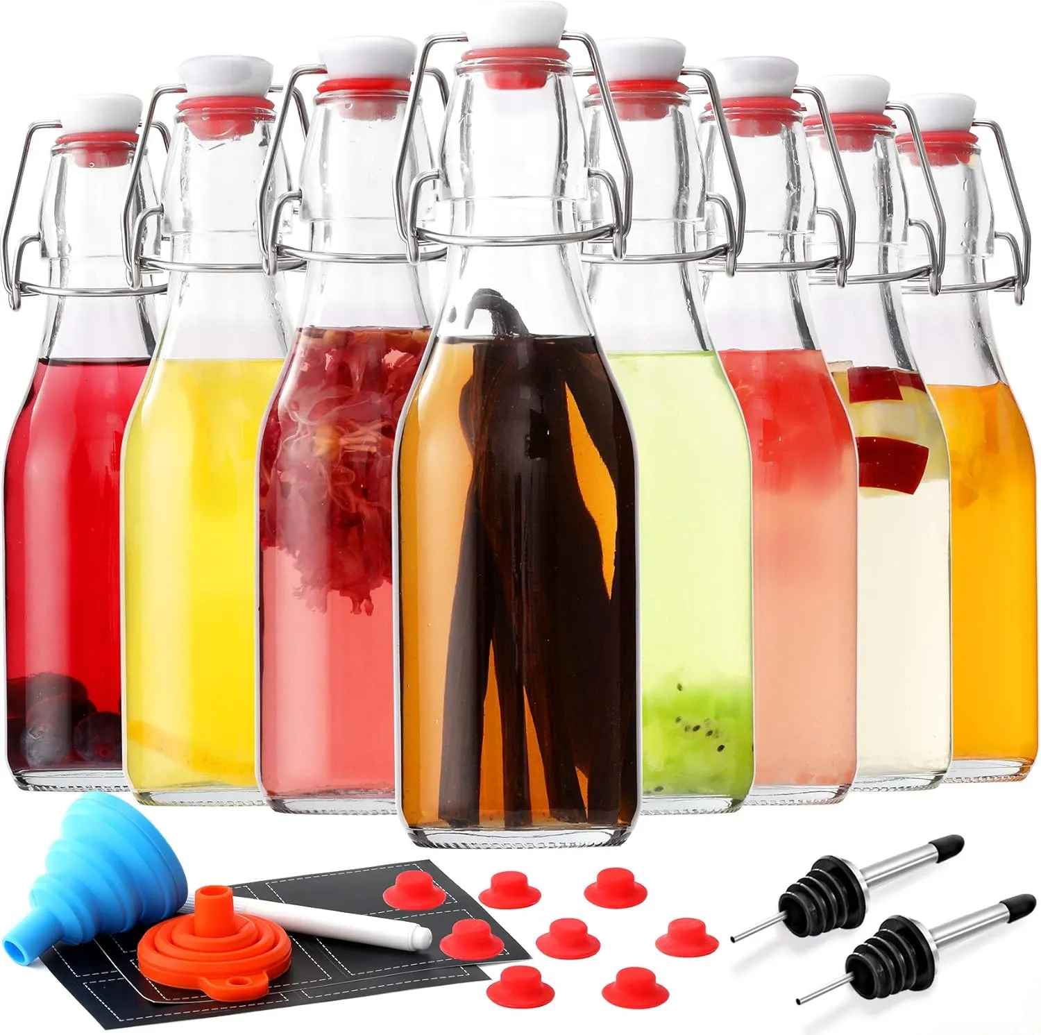 AOZITA 8-Pack 8.5oz Flip Top Glass Bottles, Swing Top Beer Brewing Bottle for 2nd Fermentation, Kombucha, Kefir, Vanilla Extract, Coquito, Juice, Tea - Airtight Stopper Cap Lid, Bonus 2 Bottle Pourers