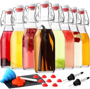 AOZITA 8-Pack 8.5oz Flip Top Glass Bottles, Swing Top Beer Brewing Bottle for 2nd Fermentation, Kombucha, Kefir, Vanilla Extract, Coquito, Juice, Tea - Airtight Stopper Cap Lid, Bonus 2 Bottle Pourers