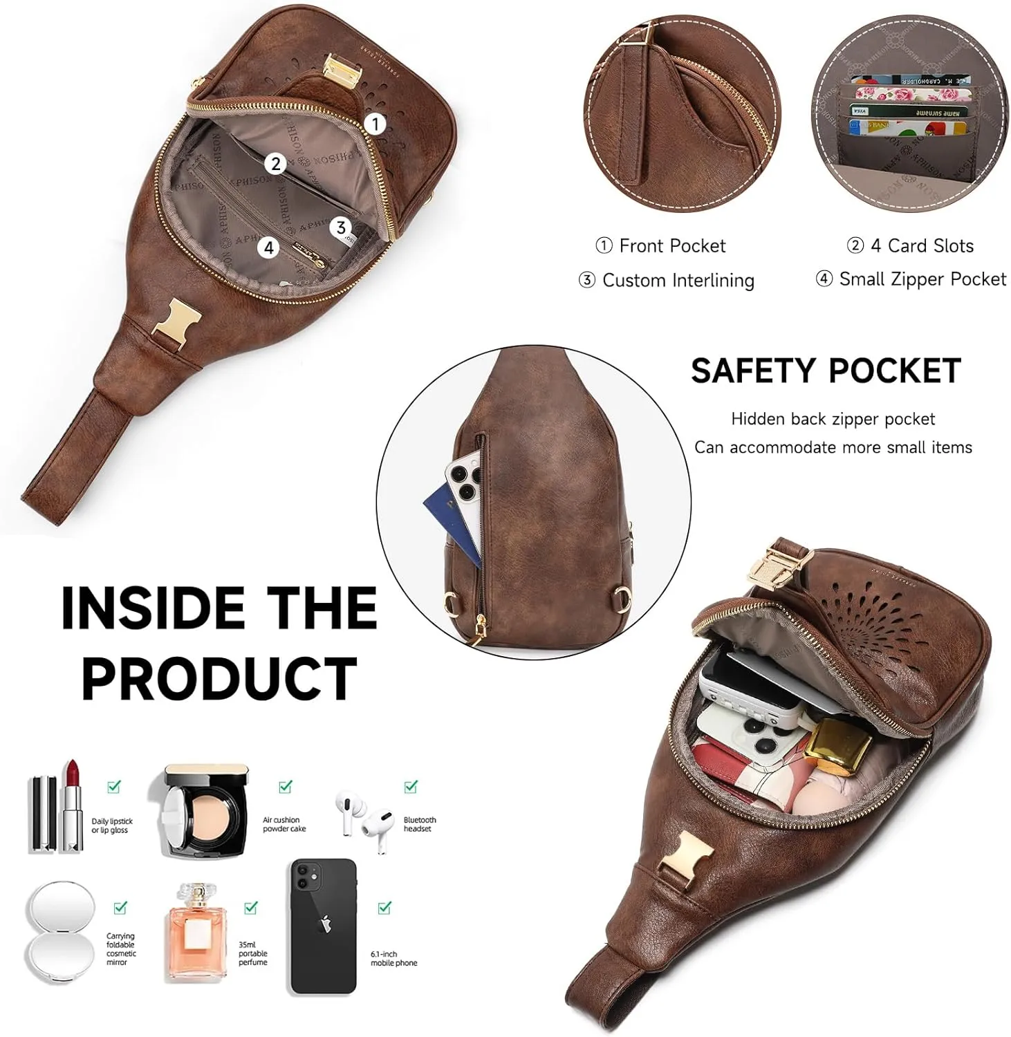 APHISON Small Sling Bag Cell Phone Purse Vegan Leather Fanny Crossbody Bag for Women Trendy Chest Backpack Adjustable Strap