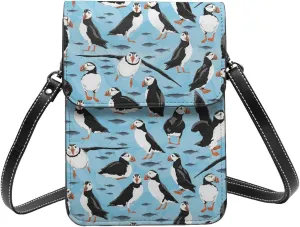 atlantic puffin Bird cartoon blue Crossbody Cell Phone Purse for Women Girls Leather Mini Cross Body Bags Small Shoulder Bags