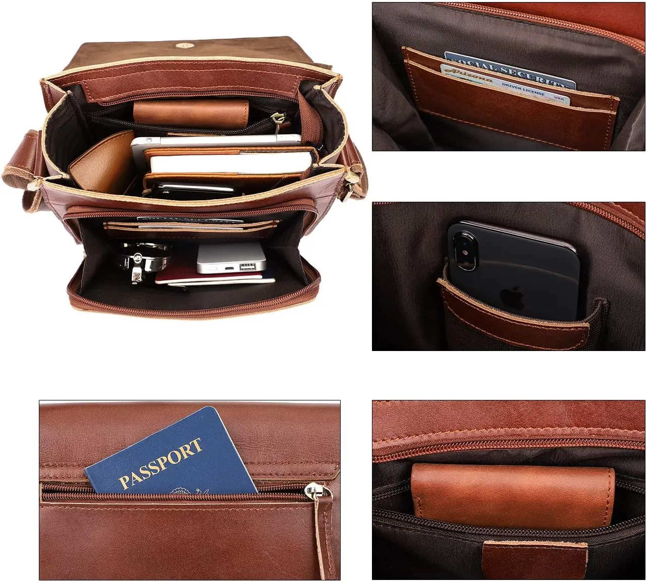 Augus Leather Messenger Shoulder Crossbody Bag for Men Work Business Vintage Magnetic Buckle Big Capacity Adjustable straps