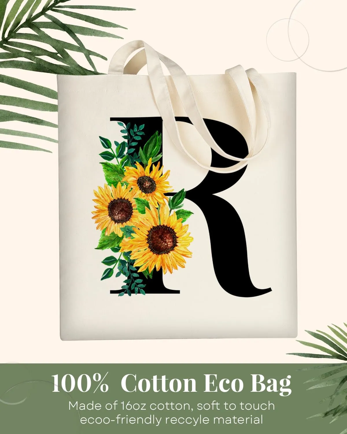 AUSVKAI Cute Sunflower Initial Canvas Tote Bag Aesthetic for Women