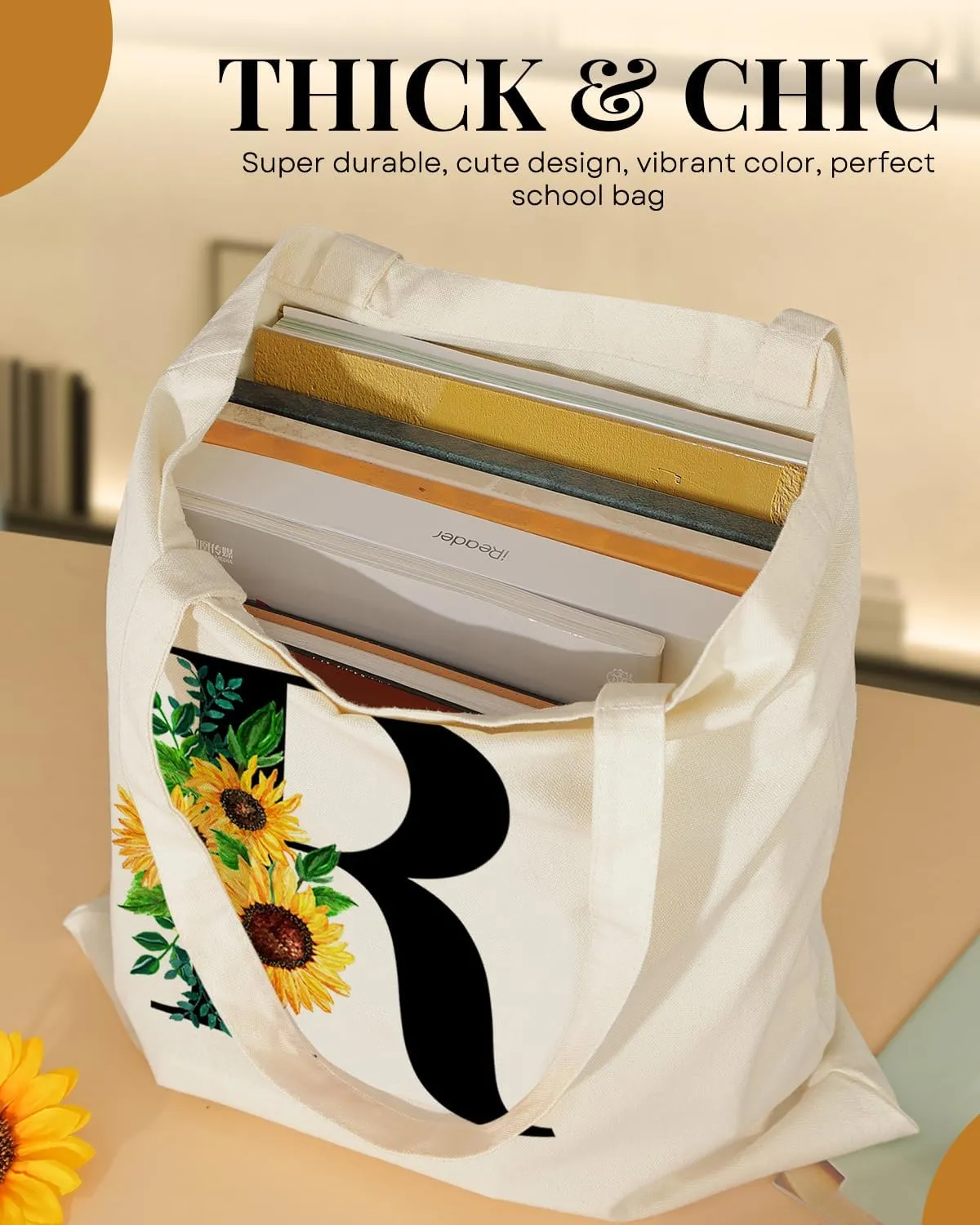AUSVKAI Cute Sunflower Initial Canvas Tote Bag Aesthetic for Women
