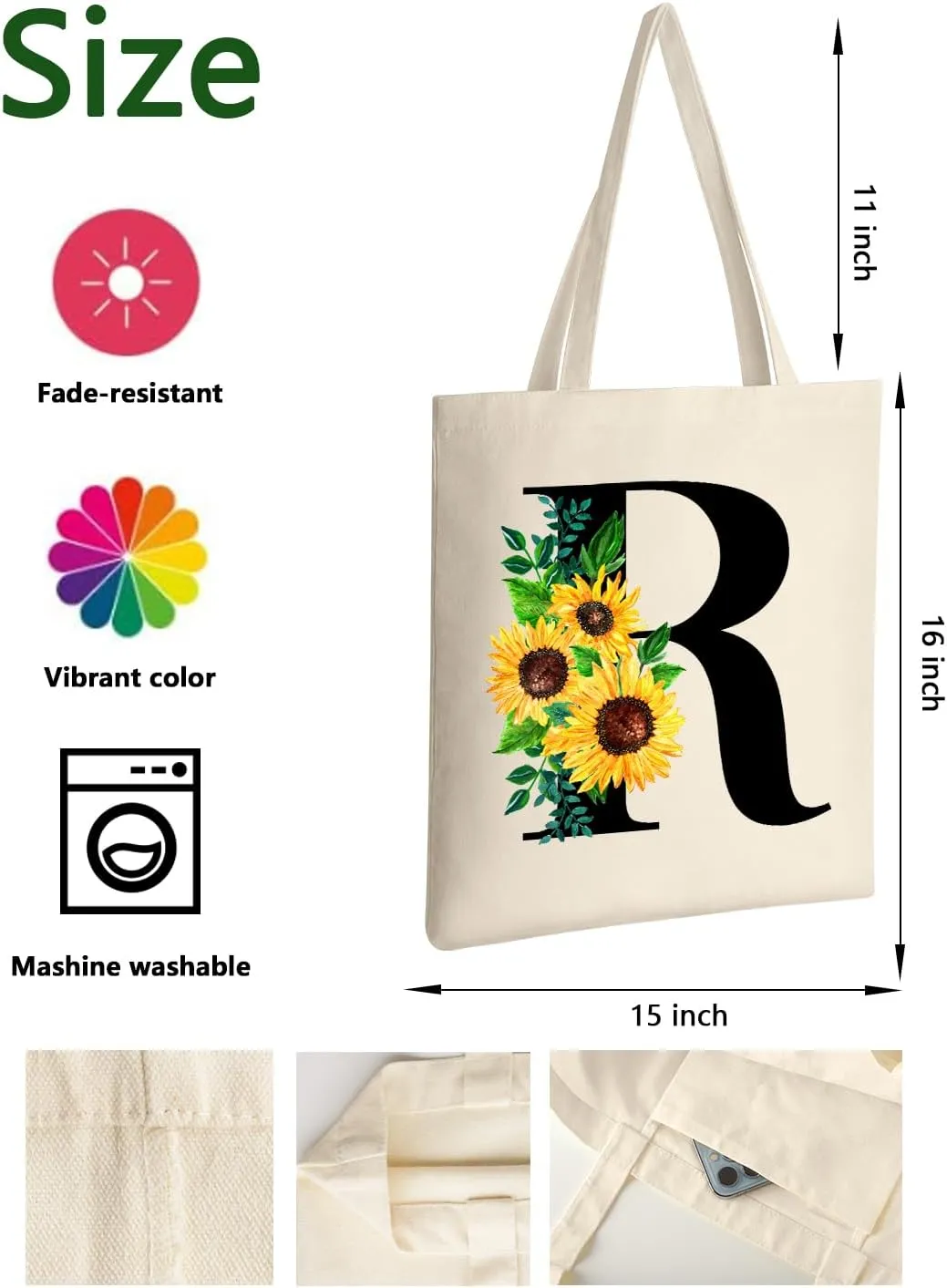 AUSVKAI Cute Sunflower Initial Canvas Tote Bag Aesthetic for Women