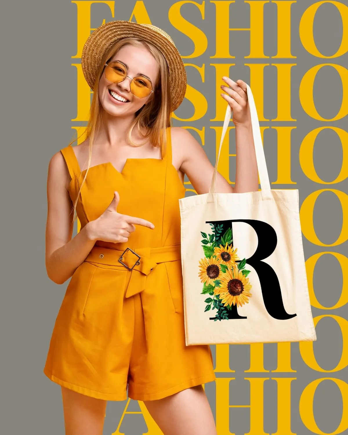 AUSVKAI Cute Sunflower Initial Canvas Tote Bag Aesthetic for Women