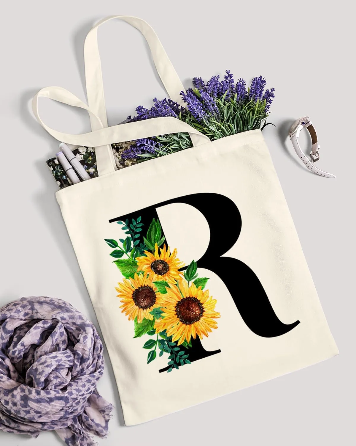 AUSVKAI Cute Sunflower Initial Canvas Tote Bag Aesthetic for Women