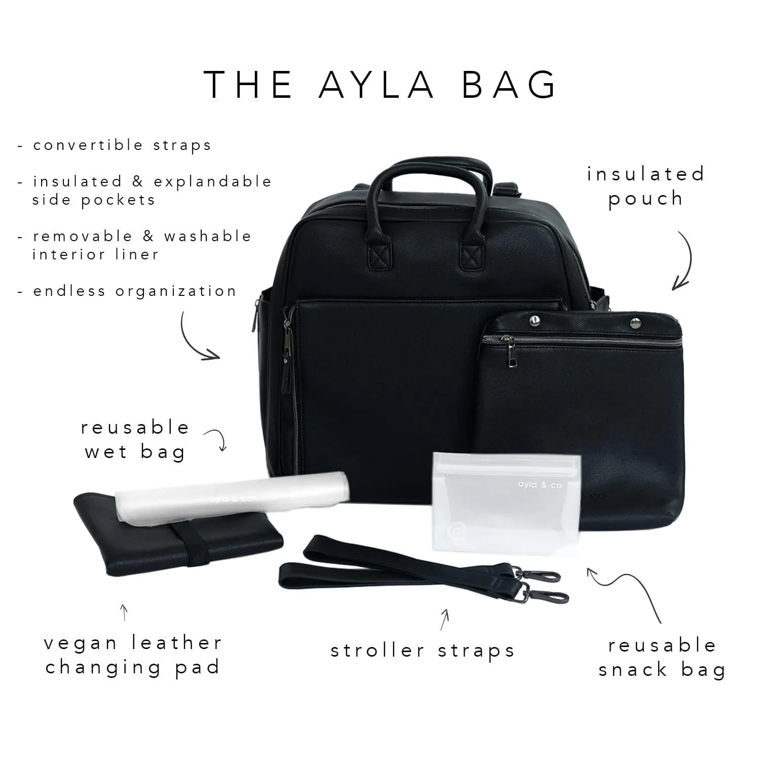Ayla & Co Full-Size Diaper Bag Backpack, Baby Essentials Cross-Body Changing Bag for Baby Girl/Boy Convertible Straps Portable Tote Bag, Baby Changing Pad, Insulated Pockets & Pouch, Black