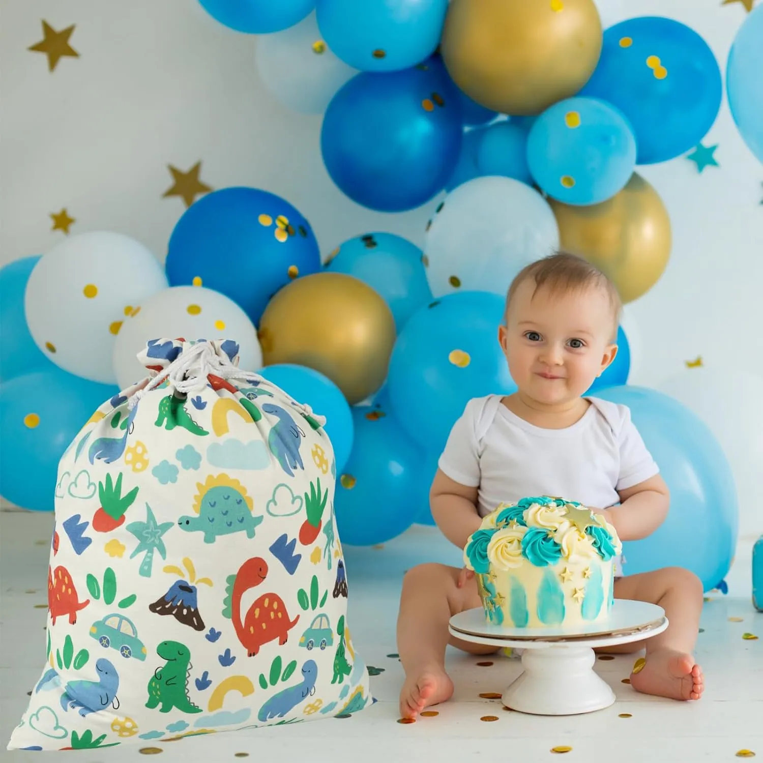 Baby Boy Gift Bags, Extra Large 24"x 20" | Premium Canvas Drawstring Bags | Reusable Fabric | Perfect for Baby Showers, Birthday Parties | Dinosaur