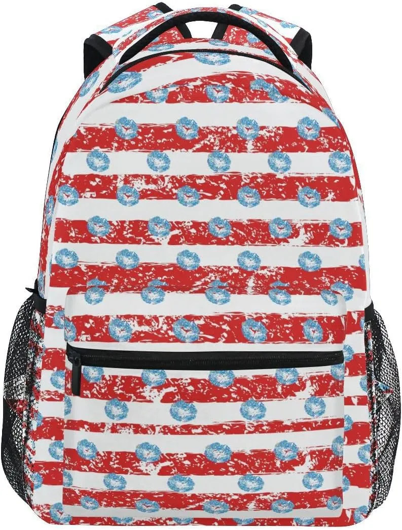 Backpack Love Lip Striped Valentine's Day Birthday Red Blue Daypack Shoulder Bag with Name Label Tag for Travel Hiking Casual Camping Sports Gym