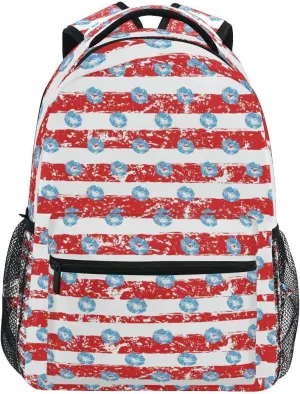 Backpack Love Lip Striped Valentine's Day Birthday Red Blue Daypack Shoulder Bag with Name Label Tag for Travel Hiking Casual Camping Sports Gym
