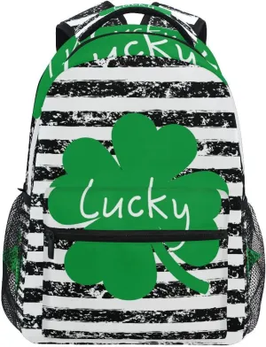 Backpack Luck Clover Shamrock St Patrick's Day Spring Striped Black White Daypack Shoulder Bag with Name Label Tag for Travel Hiking Casual Camping Sports Gym
