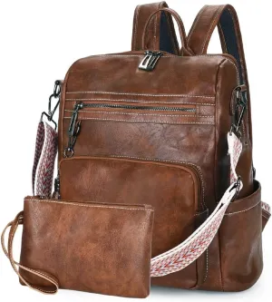Backpack Purse for Women Large School Ladies Backpack Vegan PU Leather Rucksack Anti-theft Fashion Vintage Boho Casual Waterproof Shoulder Daypack Bags for Travel Work with Guitar Strap, Brown