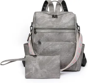 Backpack Purse for Women, PU Leather Backpack Purse, Waterproof Anti-Theft Women Back pack, Fashion Multi-Pocket Travel Backpack Shoulder Bag Handbag With Clutch, Grey