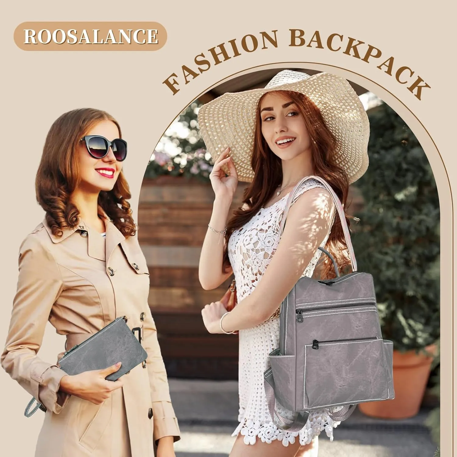 Backpack Purse for Women, PU Leather Backpack Purse, Waterproof Anti-Theft Women Back pack, Fashion Multi-Pocket Travel Backpack Shoulder Bag Handbag With Clutch, Grey