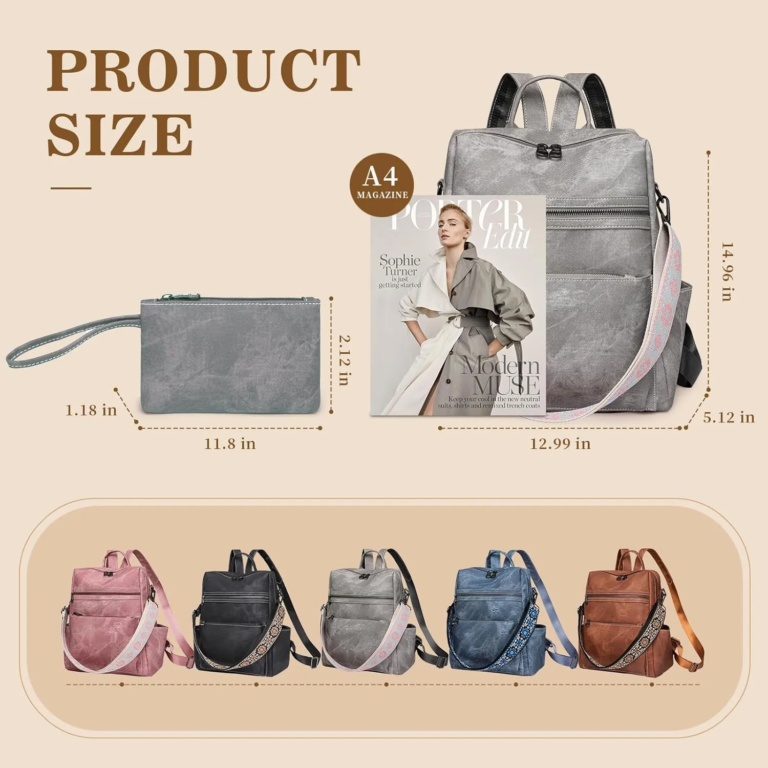 Backpack Purse for Women, PU Leather Backpack Purse, Waterproof Anti-Theft Women Back pack, Fashion Multi-Pocket Travel Backpack Shoulder Bag Handbag With Clutch, Grey