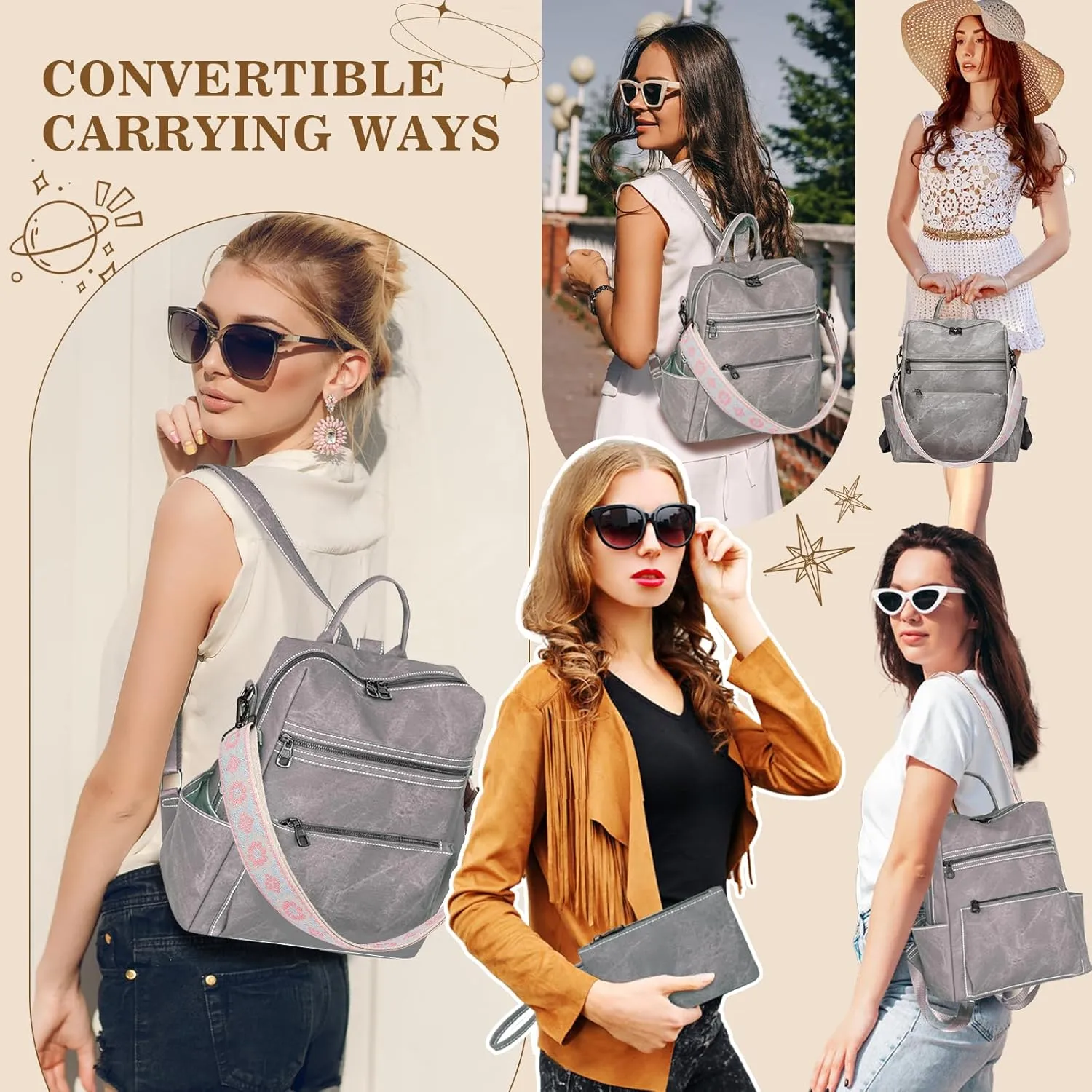 Backpack Purse for Women, PU Leather Backpack Purse, Waterproof Anti-Theft Women Back pack, Fashion Multi-Pocket Travel Backpack Shoulder Bag Handbag With Clutch, Grey