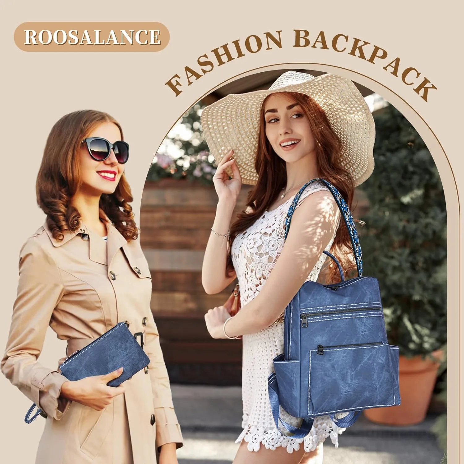 Backpack Purse for Women, PU Leather Backpack Purse, Waterproof Anti-Theft Women Backpack, Fashion Multi-Pocket Travel Backpack Shoulder Bag Handbag With Clutch, Blue