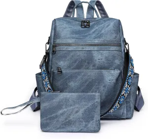 Backpack Purse for Women, PU Leather Backpack Purse, Waterproof Anti-Theft Women Backpack, Fashion Multi-Pocket Travel Backpack Shoulder Bag Handbag With Clutch, Blue