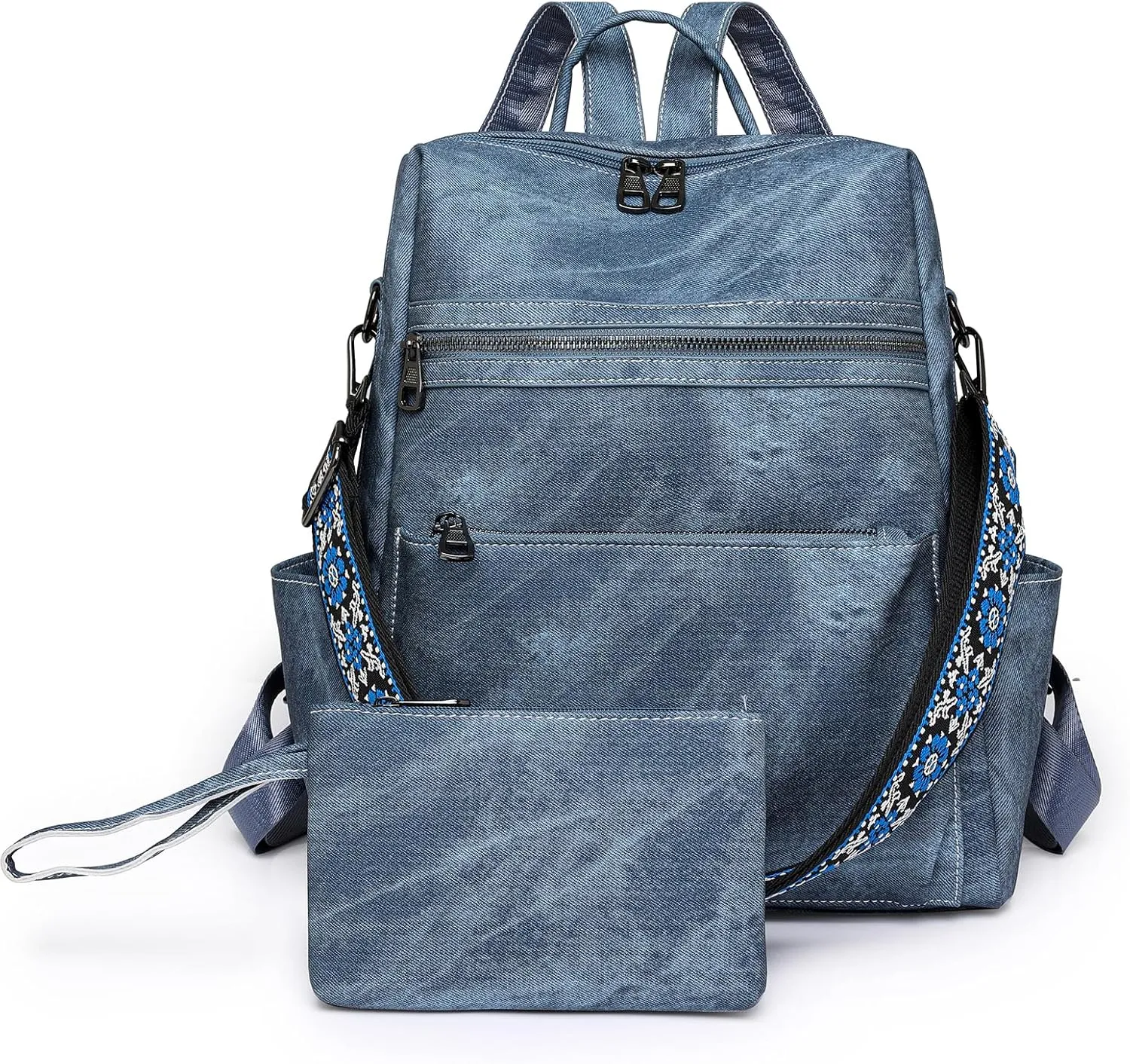 Backpack Purse for Women, PU Leather Backpack Purse, Waterproof Anti-Theft Women Backpack, Fashion Multi-Pocket Travel Backpack Shoulder Bag Handbag With Clutch, Blue