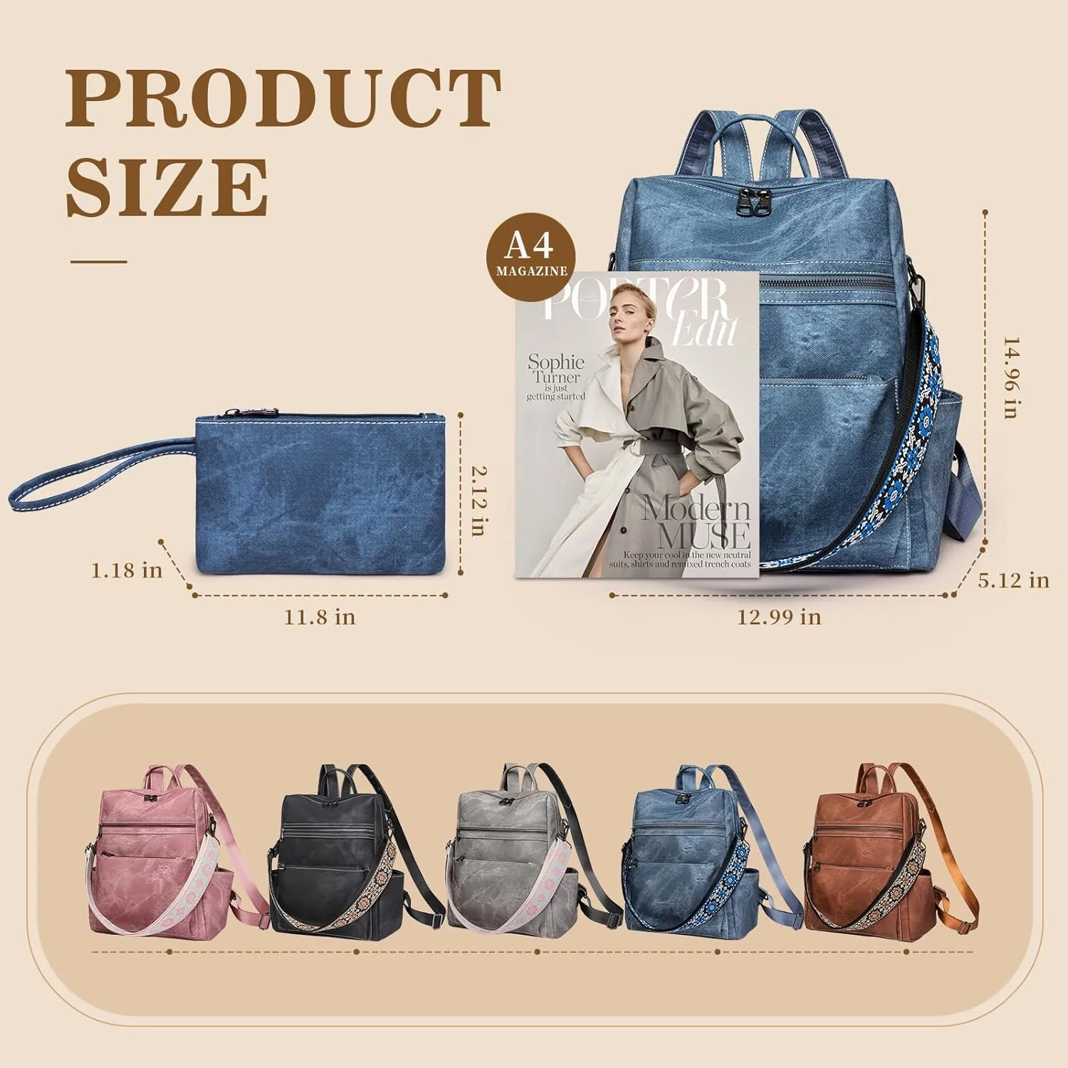 Backpack Purse for Women, PU Leather Backpack Purse, Waterproof Anti-Theft Women Backpack, Fashion Multi-Pocket Travel Backpack Shoulder Bag Handbag With Clutch, Blue