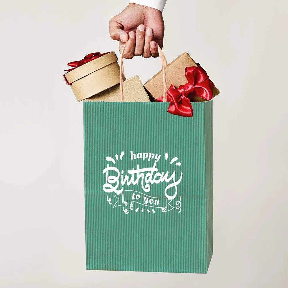 BagDream Kraft Paper Bags 100Pcs 5.25x3x8 Inches Small Kraft Gift Bags with Handles Bulk, for Shopping, Party Favor, Retail, Merchandise, Business, Green Striped Paper Sacks