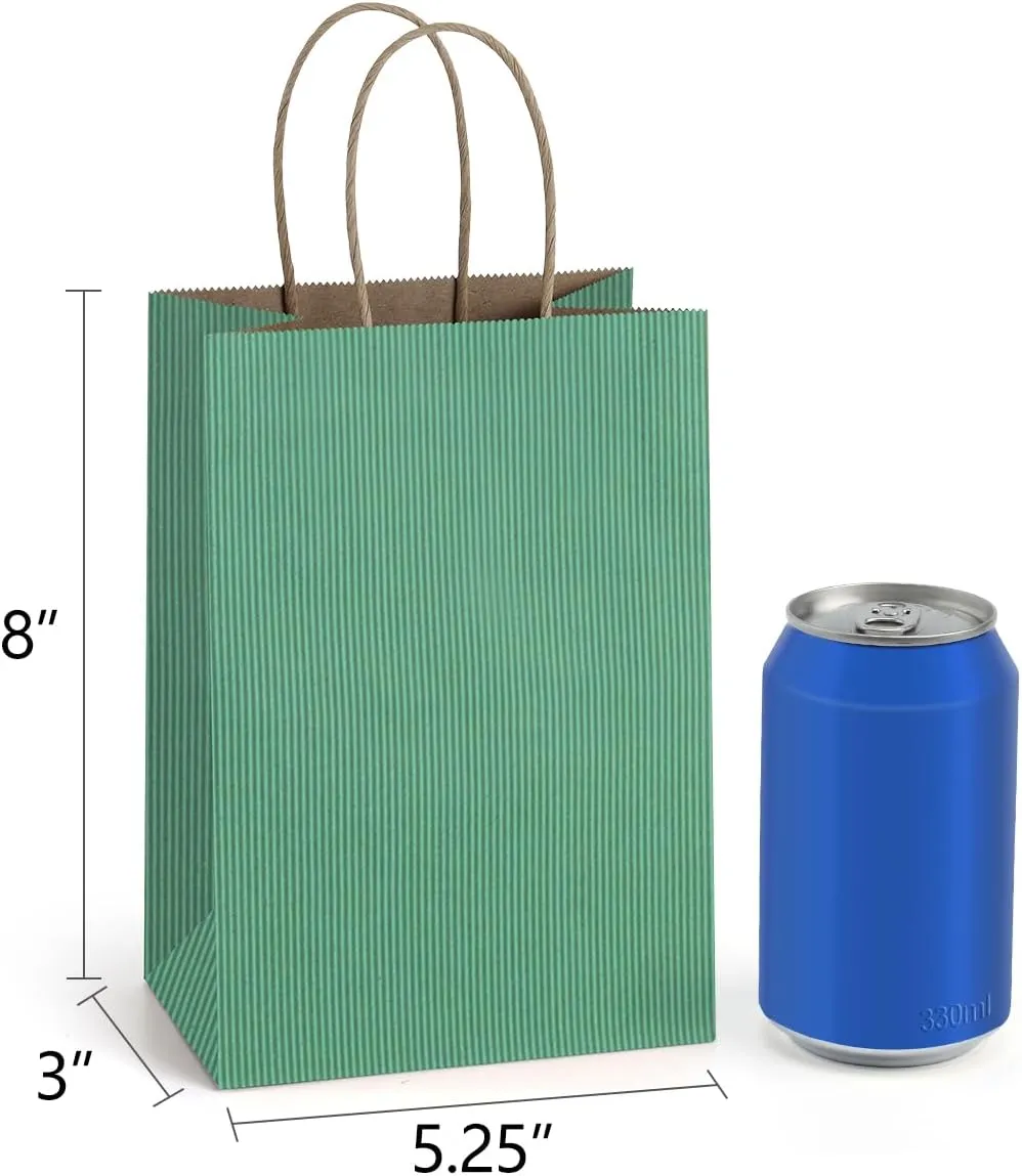 BagDream Kraft Paper Bags 100Pcs 5.25x3x8 Inches Small Kraft Gift Bags with Handles Bulk, for Shopping, Party Favor, Retail, Merchandise, Business, Green Striped Paper Sacks