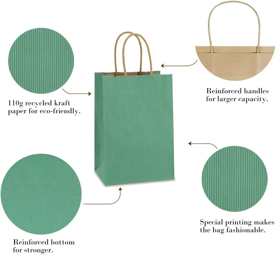 BagDream Kraft Paper Bags 100Pcs 5.25x3x8 Inches Small Kraft Gift Bags with Handles Bulk, for Shopping, Party Favor, Retail, Merchandise, Business, Green Striped Paper Sacks