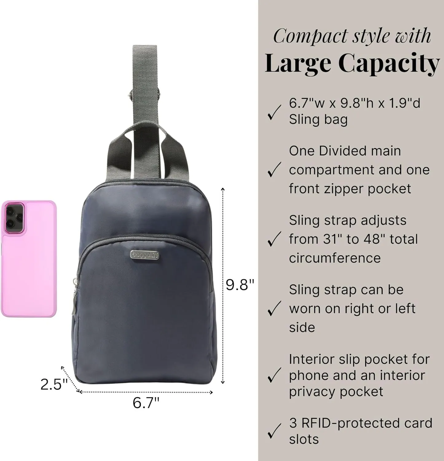 Baggallini Essential Small 12x7 Inch Sling Crossbody Bag with Convertible Adjustable Shoulder Strap