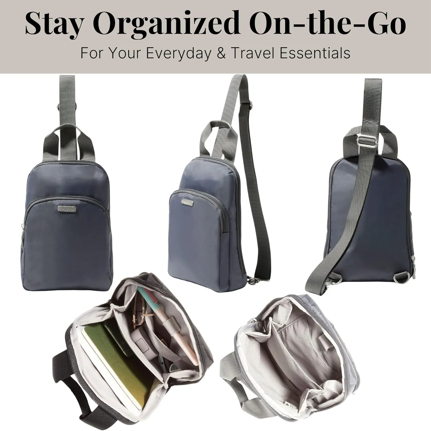 Baggallini Essential Small 12x7 Inch Sling Crossbody Bag with Convertible Adjustable Shoulder Strap