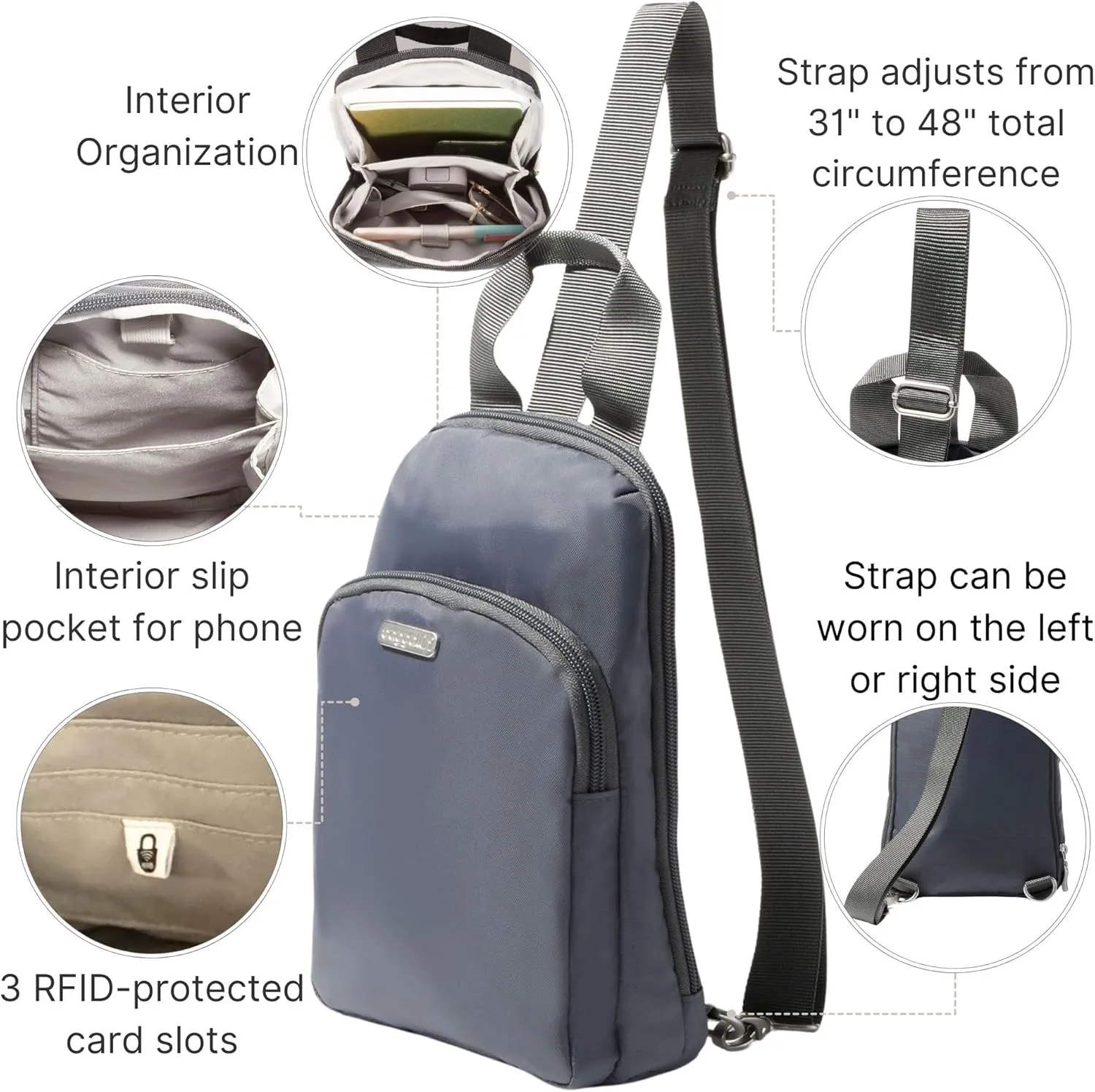 Baggallini Essential Small 12x7 Inch Sling Crossbody Bag with Convertible Adjustable Shoulder Strap