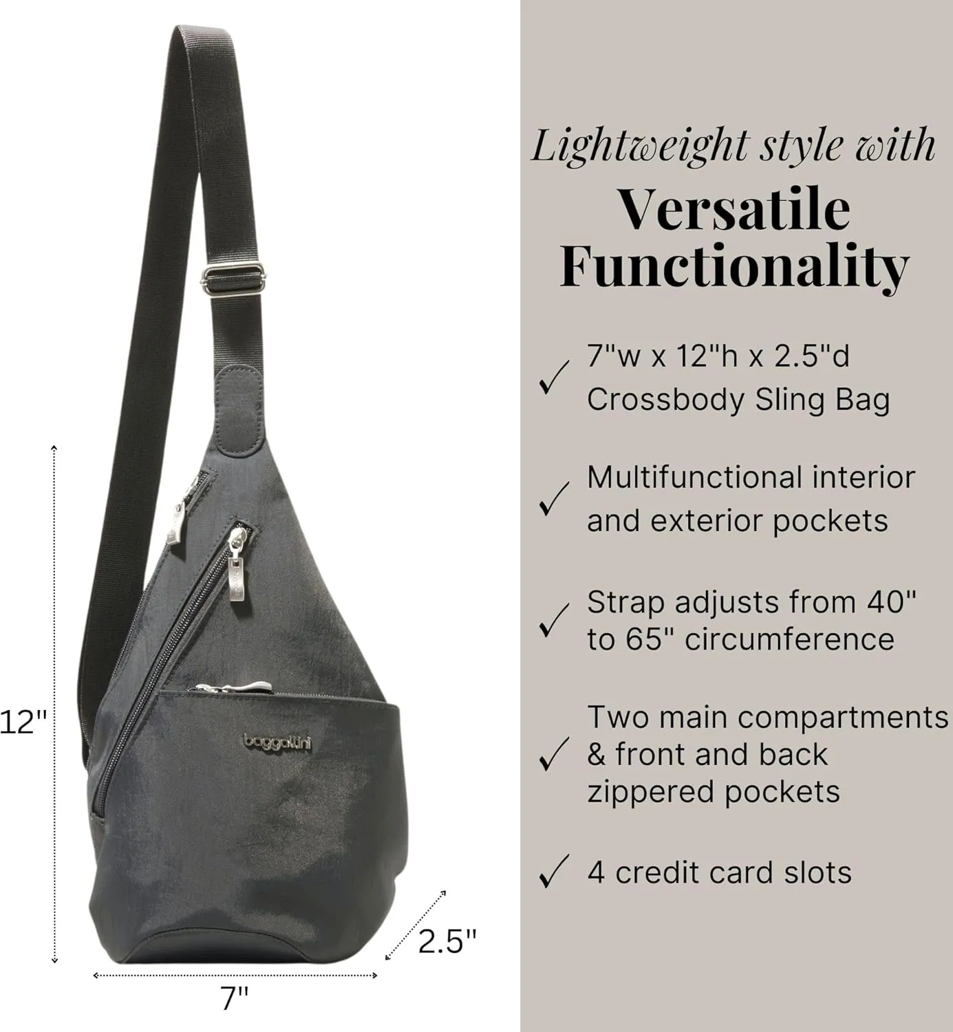 Baggallini Mini Sling - 12x7 Sling Crossbody Bag Backpack with Adjustable Shoulder Strap