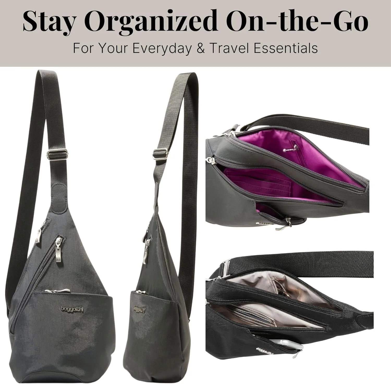 Baggallini Mini Sling - 12x7 Sling Crossbody Bag Backpack with Adjustable Shoulder Strap
