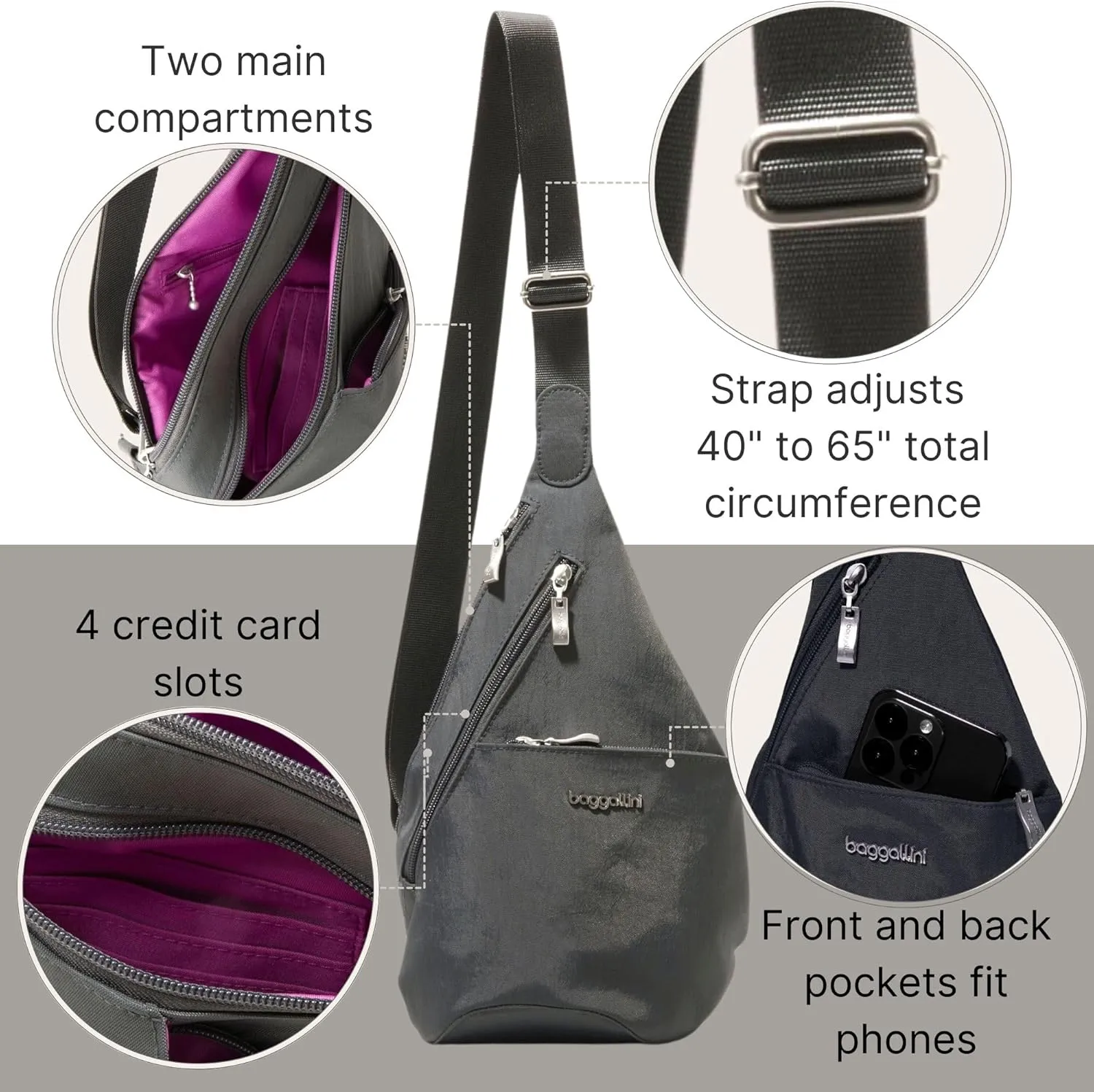 Baggallini Mini Sling - 12x7 Sling Crossbody Bag Backpack with Adjustable Shoulder Strap