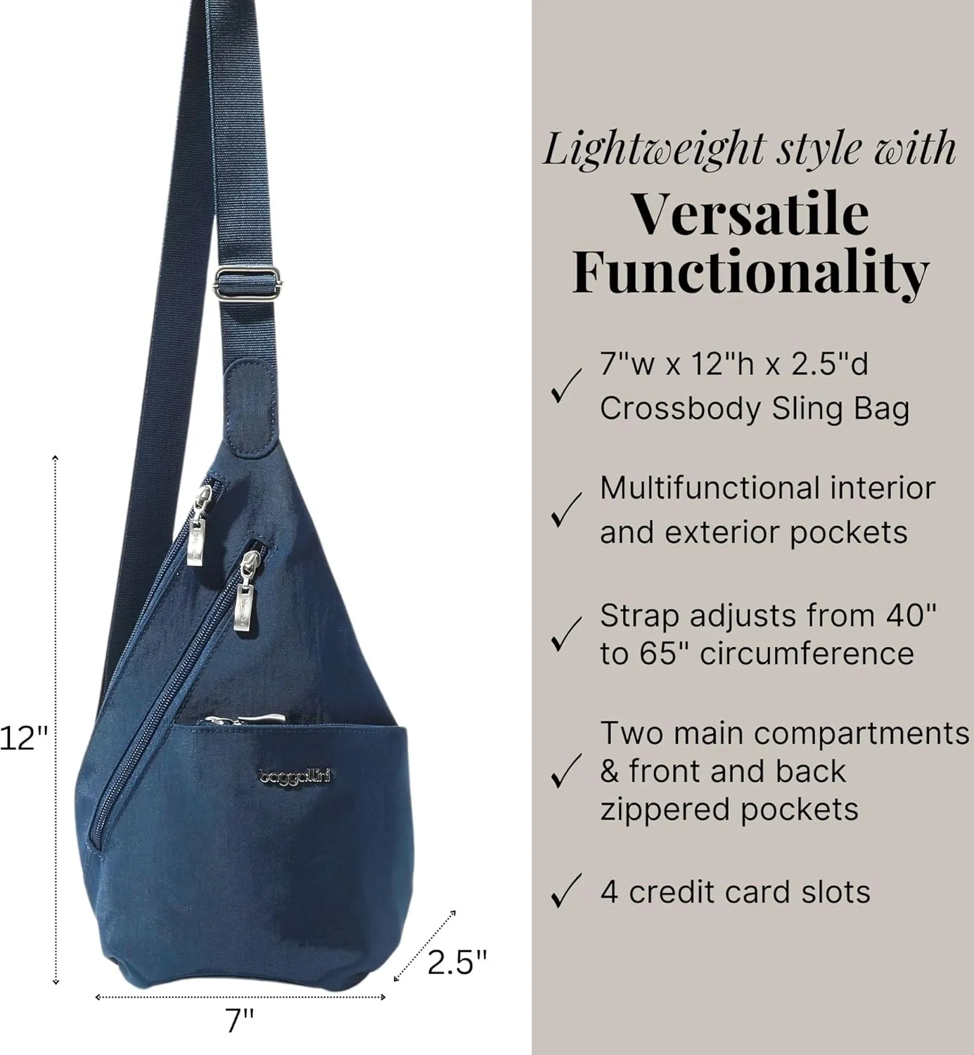 Baggallini Mini Sling - 12x7" Sling Crossbody Bag Backpack with Adjustable Shoulder Strap