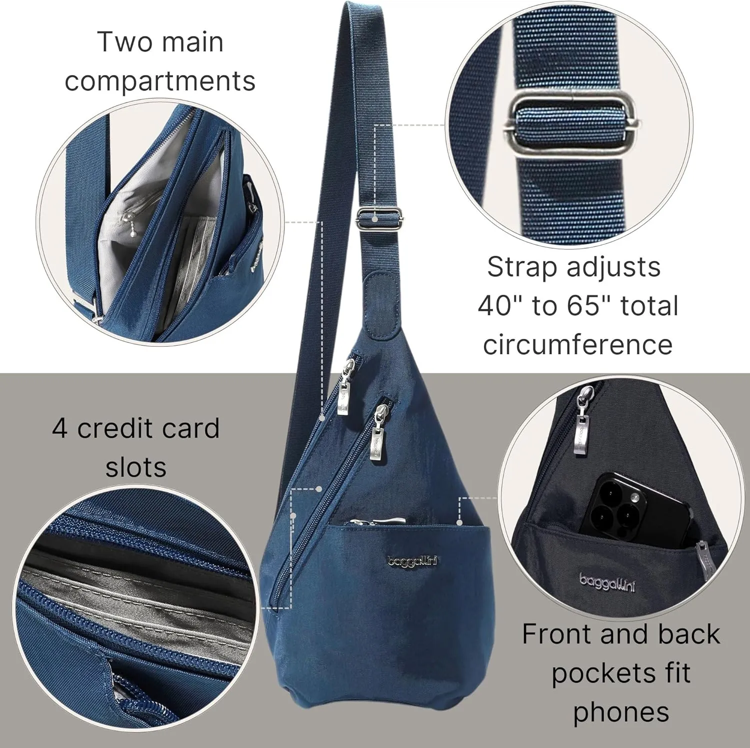 Baggallini Mini Sling - 12x7" Sling Crossbody Bag Backpack with Adjustable Shoulder Strap