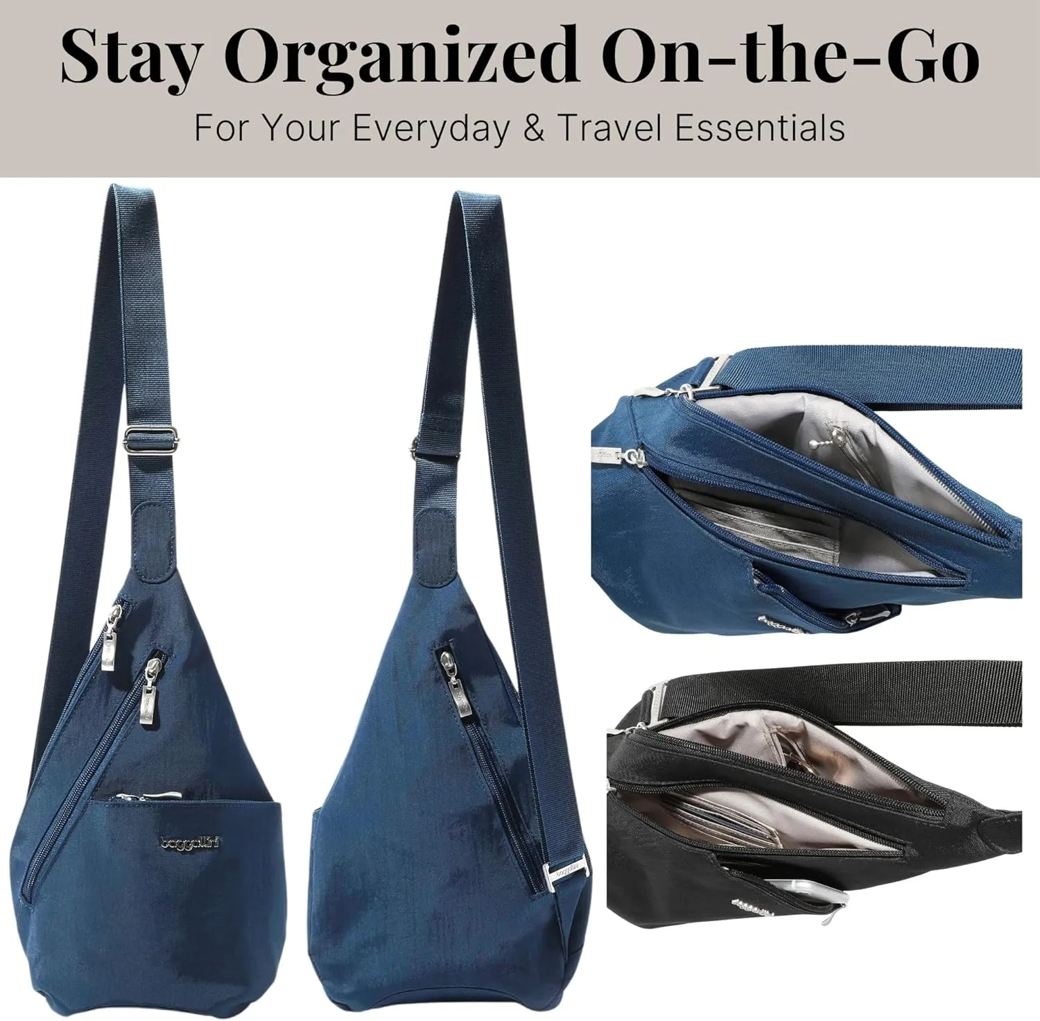 Baggallini Mini Sling - 12x7" Sling Crossbody Bag Backpack with Adjustable Shoulder Strap