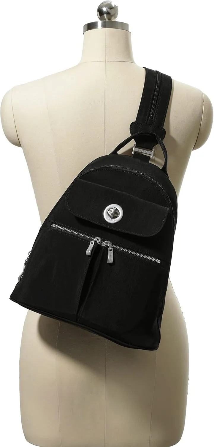 Baggallini Naples Convertible Small Daypack Sling Crossbody, Navy Garden